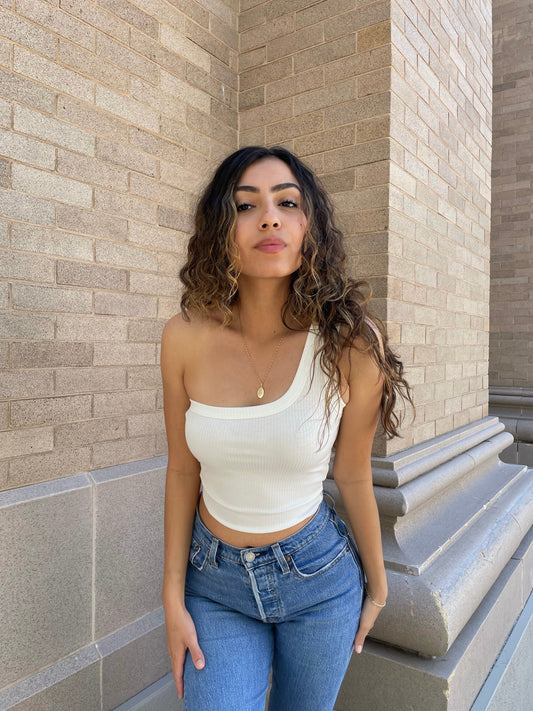 One Shoulder Ribbed Tank (White)